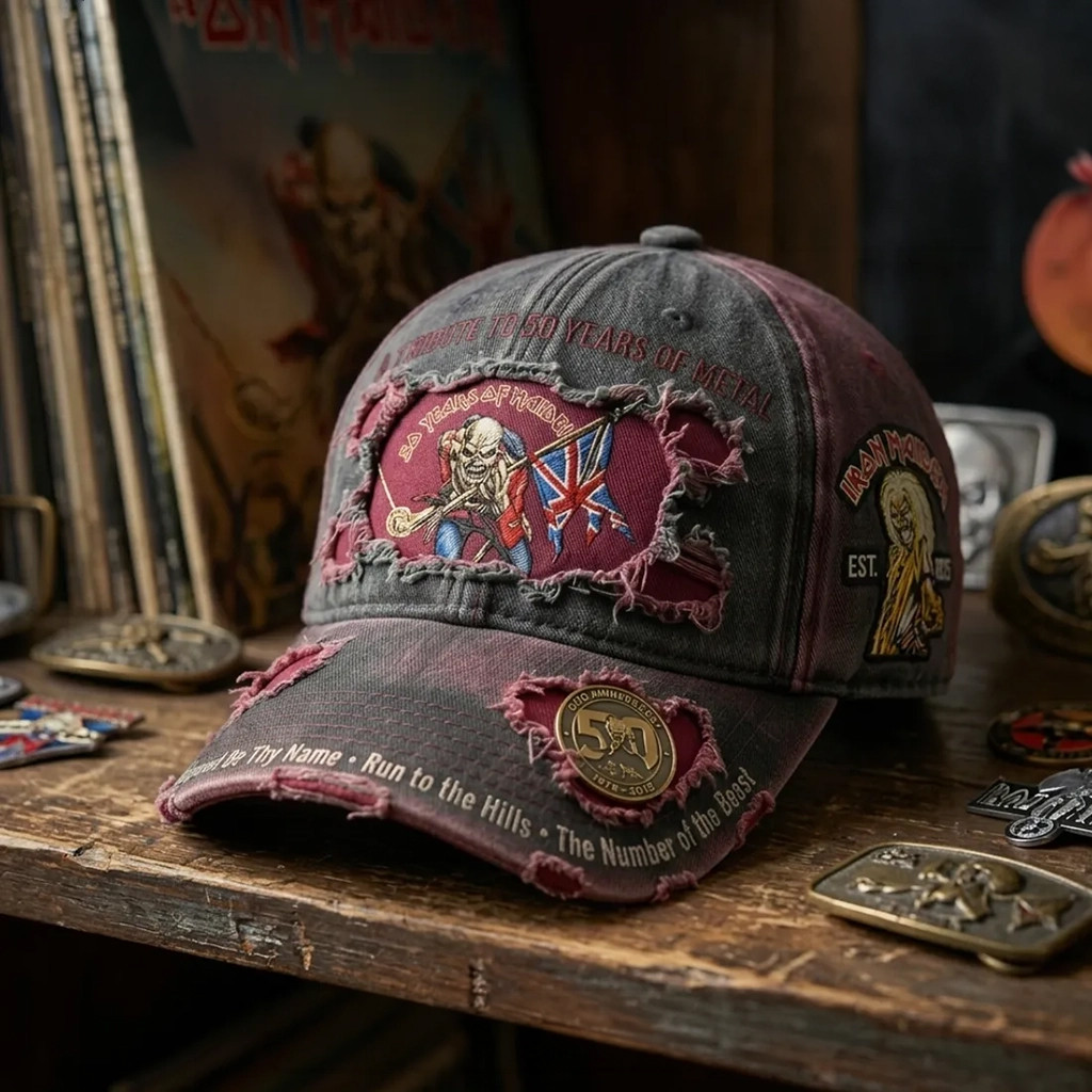 Iron Maiden 50th Anniversary Eddie Distressed Hat Iron Maiden Merch Gift For Metal Band Fans