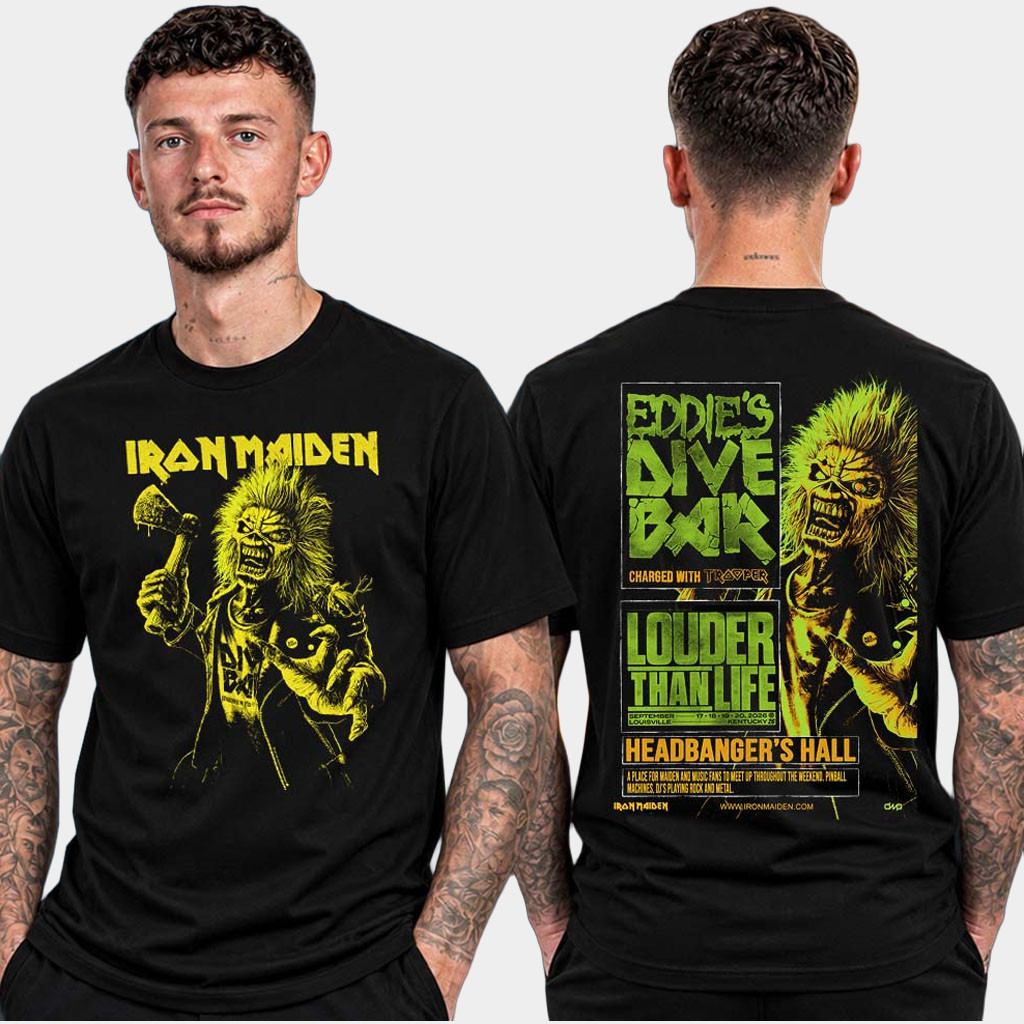 Iron Maiden Louder Than Life 2026 Eddie Dive Bar Charged With Trooper T-Shirt Iron Maiden Merch