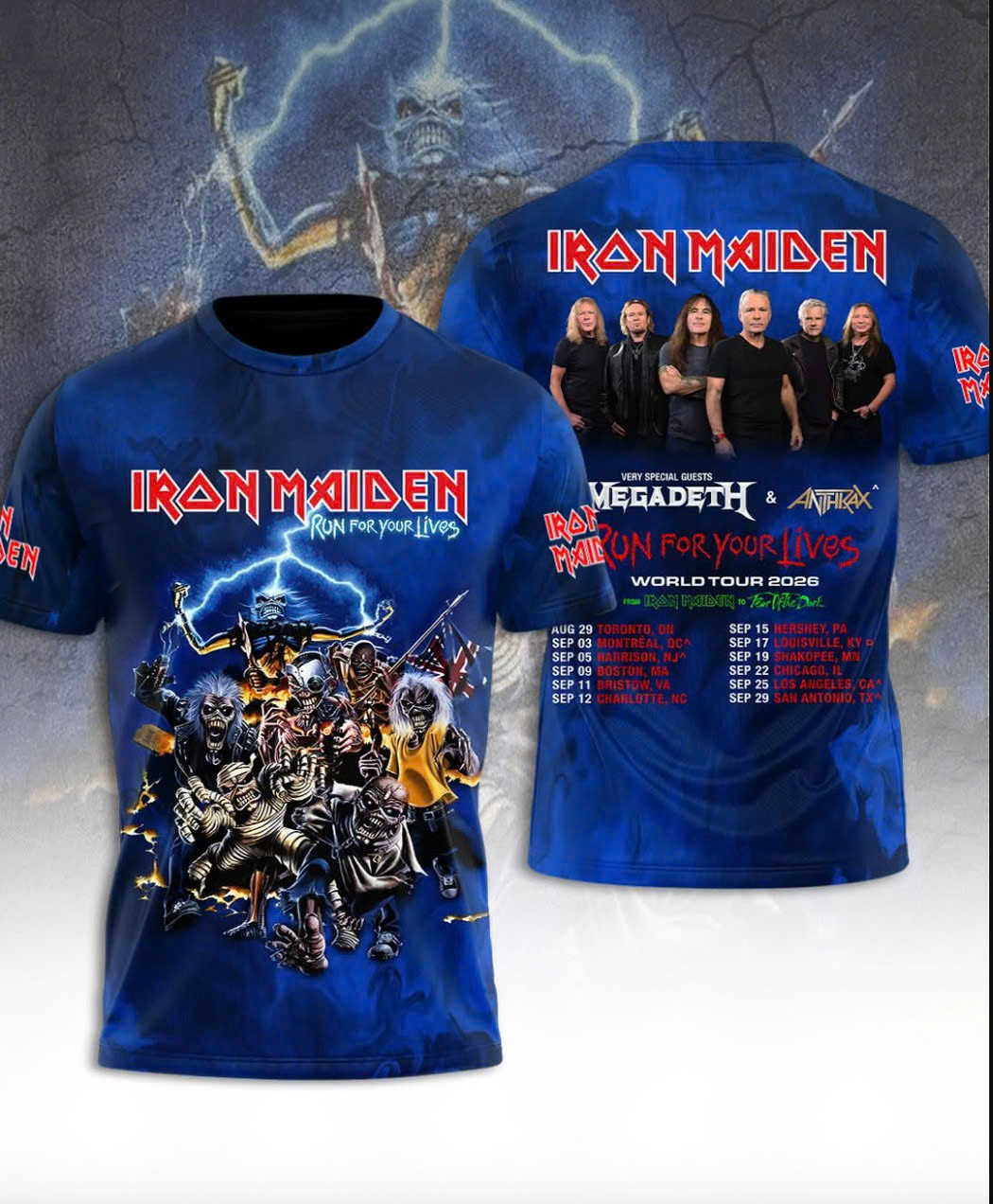 Iron Maiden Run For Your Lives World Tour 2026 With Megadeth And Anthrax T-Shirt Fan Merch