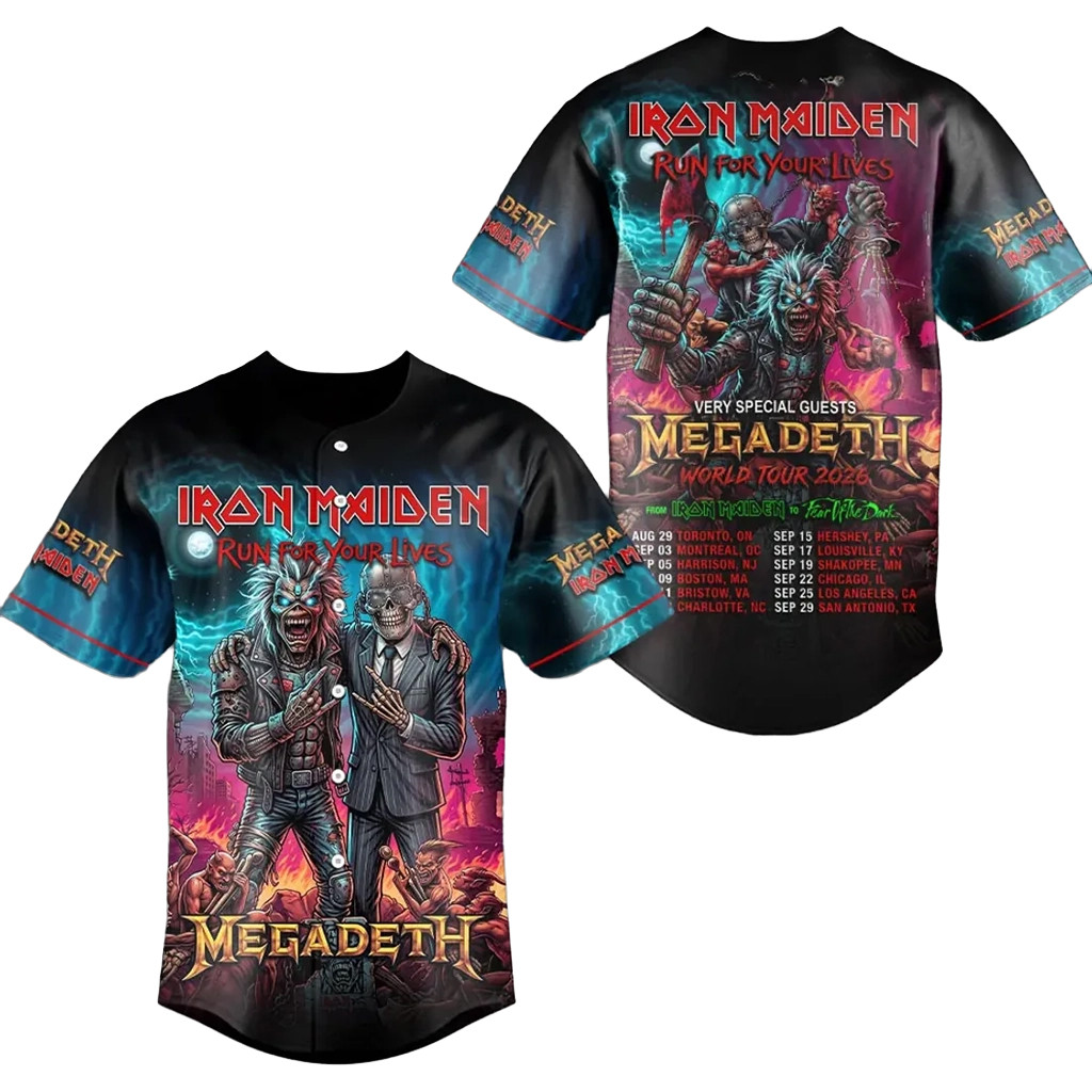 Iron Maiden X Megadeth 2026 Tour Mascot Baseball Jersey Run For Your Lives Tour Merch Fan Gifts