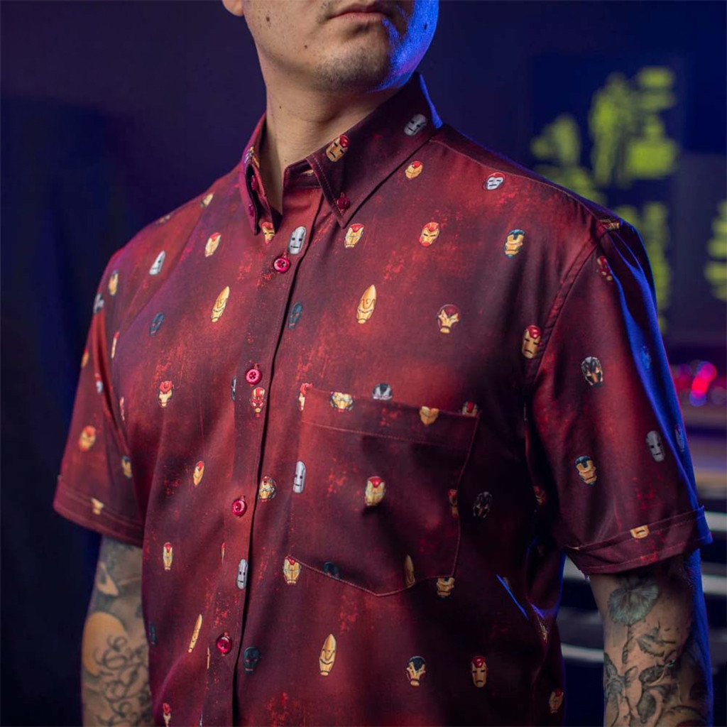 Iron Man RSVLTS Lil Stark's Armor Helmets Pattern Red Hawaiian Shirt Iron Man Merch Gifts