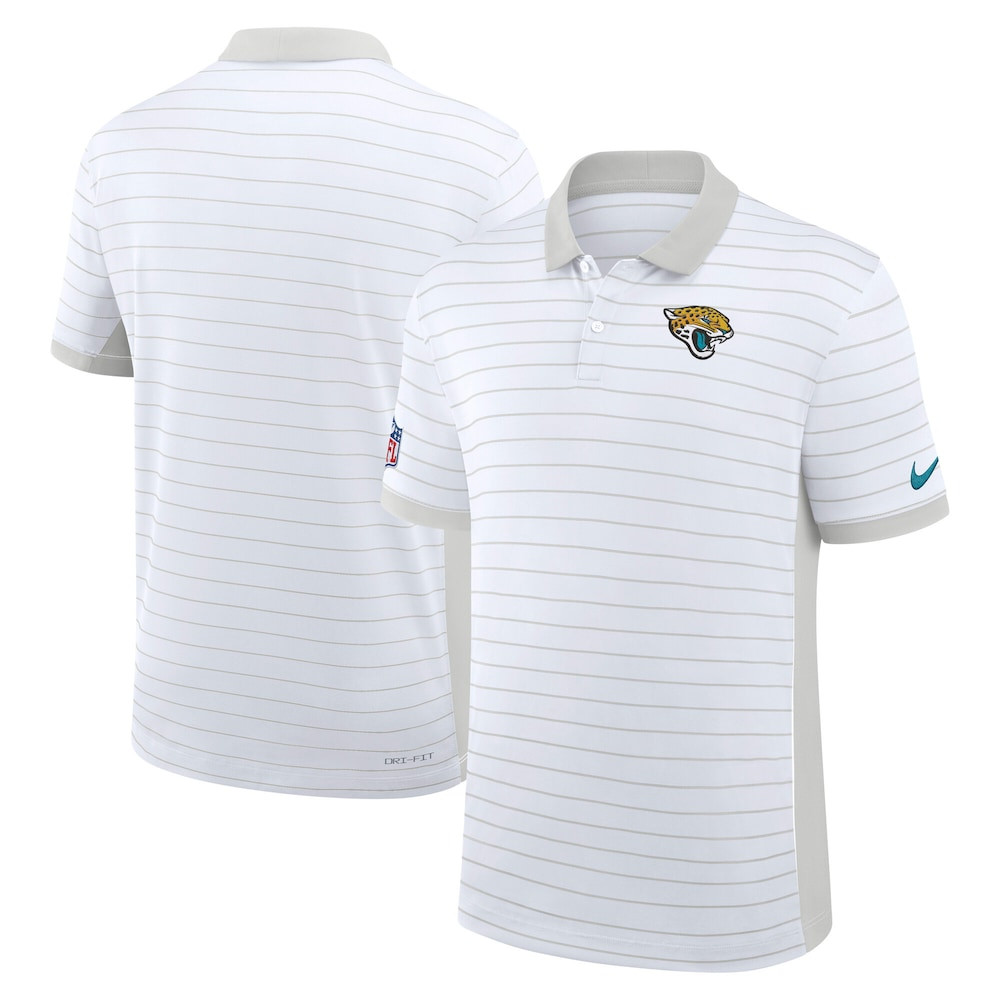 Jacksonville Jaguars Merch - Men's Sideline Victory Stripe Dri-FIT Polo, White - Football Fan Present Ideas