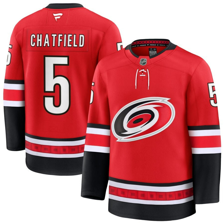 Jalen Chatfield Carolina Hurricanes 2025 Red Alternate Premium Jersey 1 Jalen Chatfield Carolina Hurricanes 2025 Red Alternate Premium Jersey