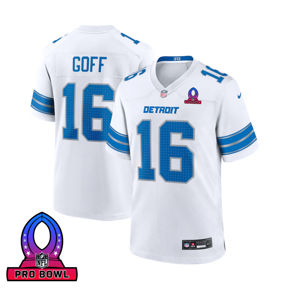 Jared Goff Detroit Lions 2025 Pro Bowl Patch Game Men Jersey - White