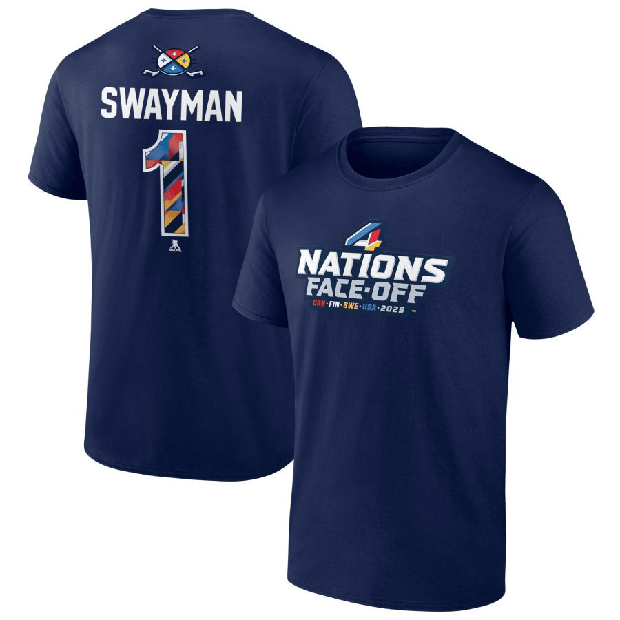 Jeremy Swayman 2025 4 Nations Face-Off Pick-A-Player Navy T-Shirt 1 Jeremy Swayman 2025 4 Nations Face-Off Pick-A-Player Navy T-Shirt
