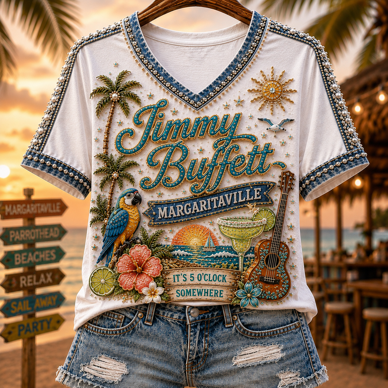 Jimmy Buffett Margaritaville V-Neck Shirt It's 5 O'Clock Somewhere Jimmy Buffett Merch Womens