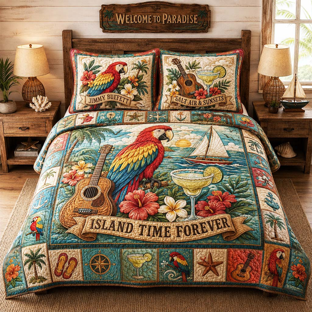 Jimmy Buffett Merch Island Time Forever Quilt Bedding Set Best Gifts For Music Lovers