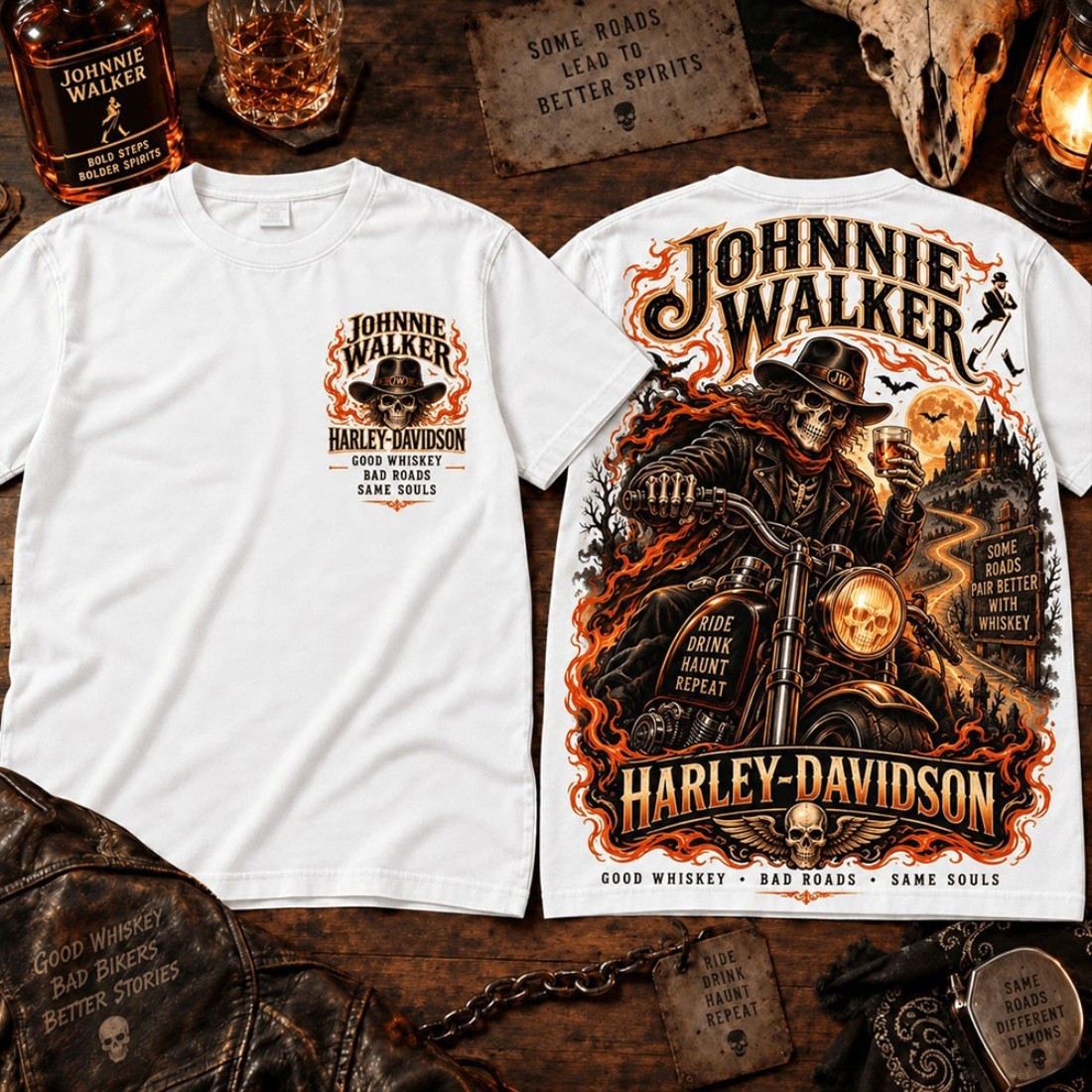 Johnnie X Walker Harley Merch Davidson Flaming Skeleton Rider T-Shirt Halloween Gift For Him
