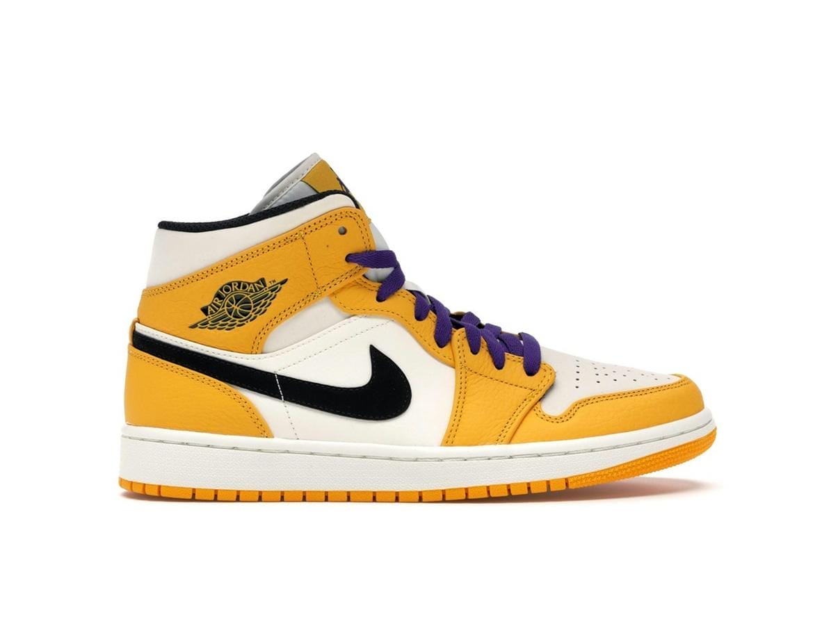 Jordan 1 Mid SE Lakers University Gold Black Pale Ivory Court Purple Sail Sneakers - 852542-700