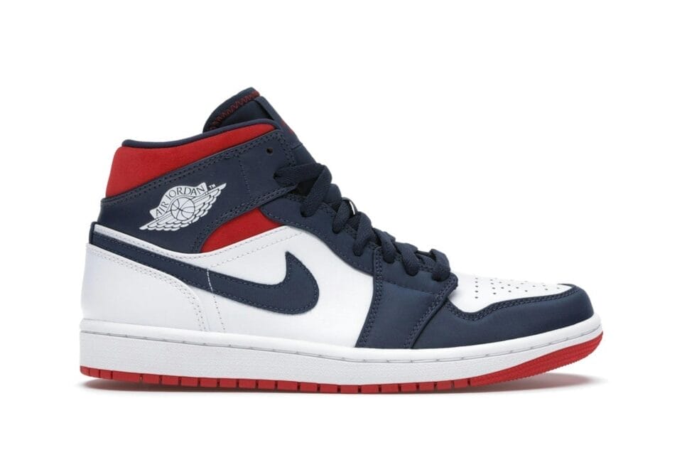 Jordan 1 Mid SE USA Leather Trainers - White/Varsity Red/Midnight Navy Sneaker Style 852542-104