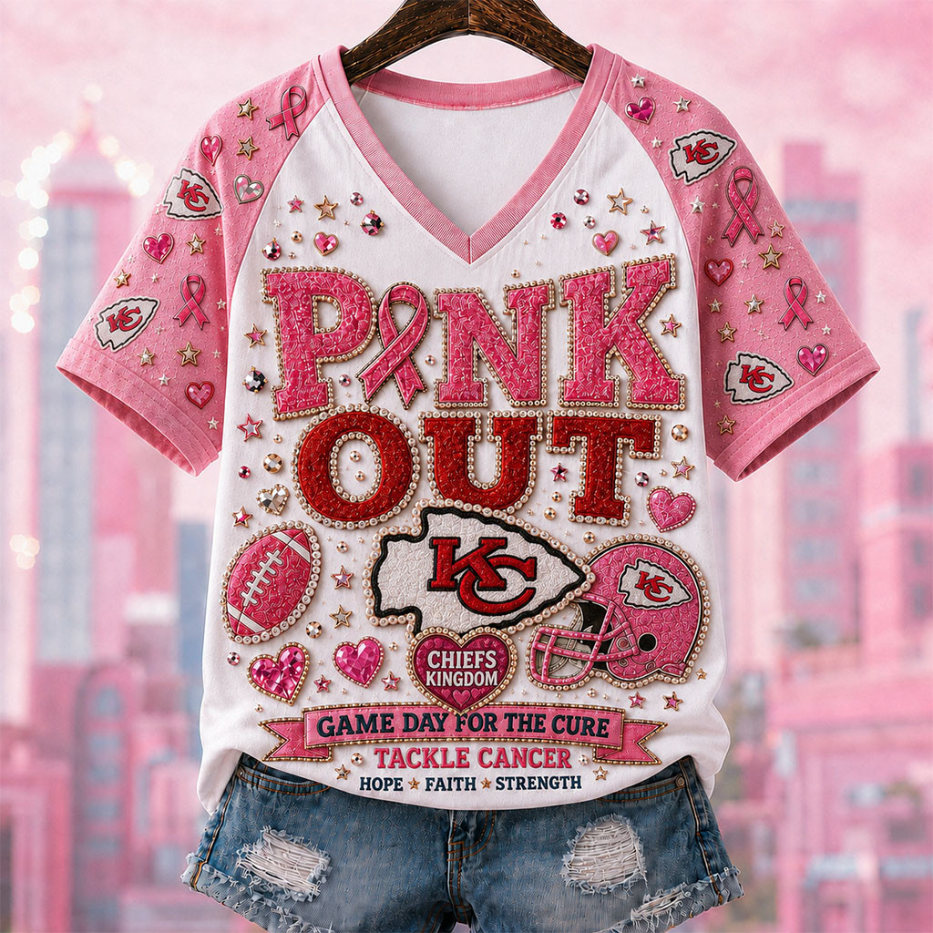 Kansas City Chiefs Breast Cancer Awareness V-Neck T-Shirt Pink Out Game Day For Cure Chiefs Merch