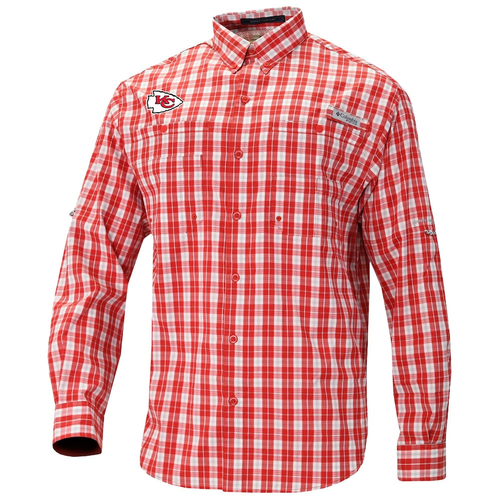 Kansas City Chiefs Merch - Men's Columbia Super Slack Tide Long Sleeve Button-Up, Red - Football Christmas Gifts