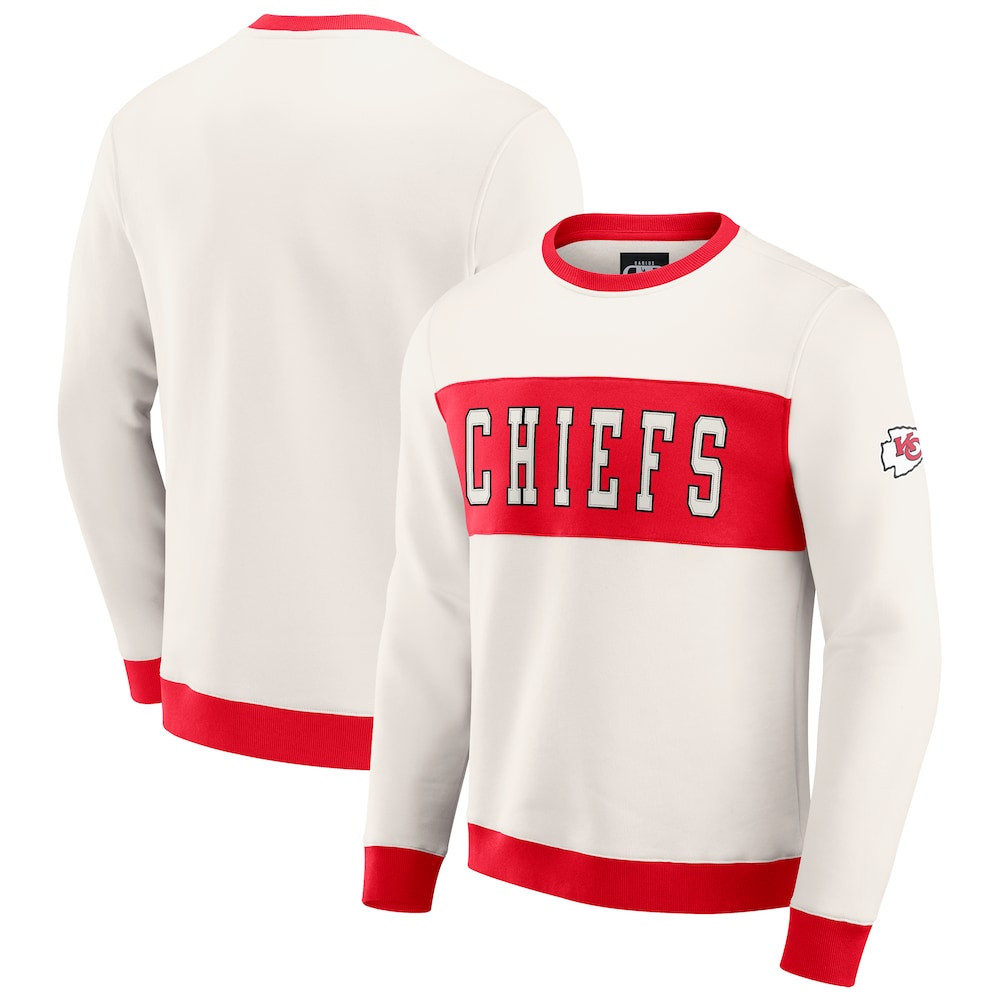 Kansas City Chiefs Merch - Men's Darius Rucker Collection by Fanatics Cream Colorblock Pullover Sweatshirt - Gifts For American Football Fans