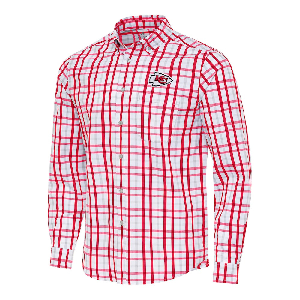 Kansas City Chiefs Merch - Men's Gray Tending Woven Long Sleeve Button-Down Shirt, Red - Antigua - Best Birthday Gift For Football Lovers