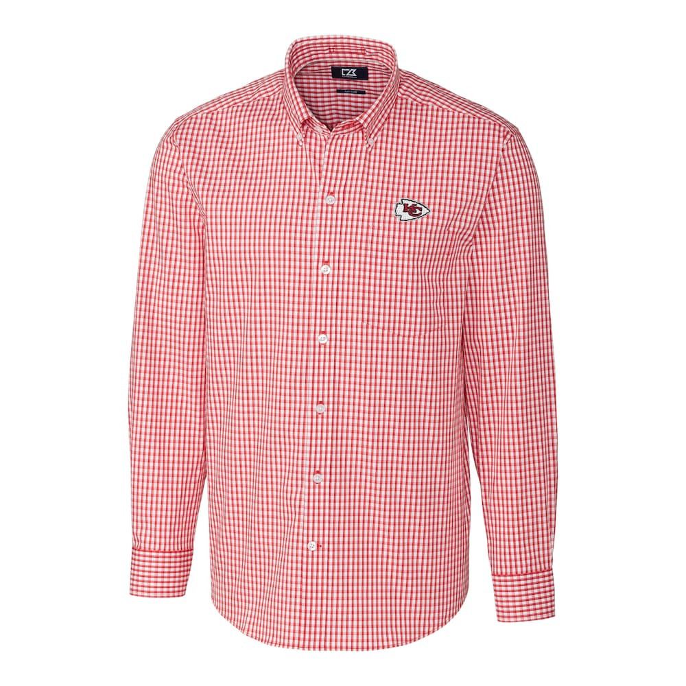 Kansas City Chiefs Merch - Men's Stretch Gingham Long Sleeve Woven Button Down Shirt, Big & Tall, Red - Cutter & Buck - Football Gifts For Men