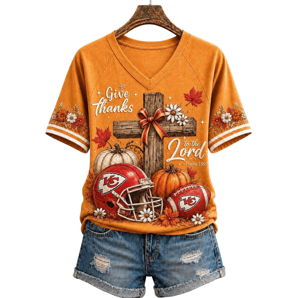 Kansas City Chiefs Merch Thanksgiving Faith And Football V-Neck Shirt Autumn Gift For Christian