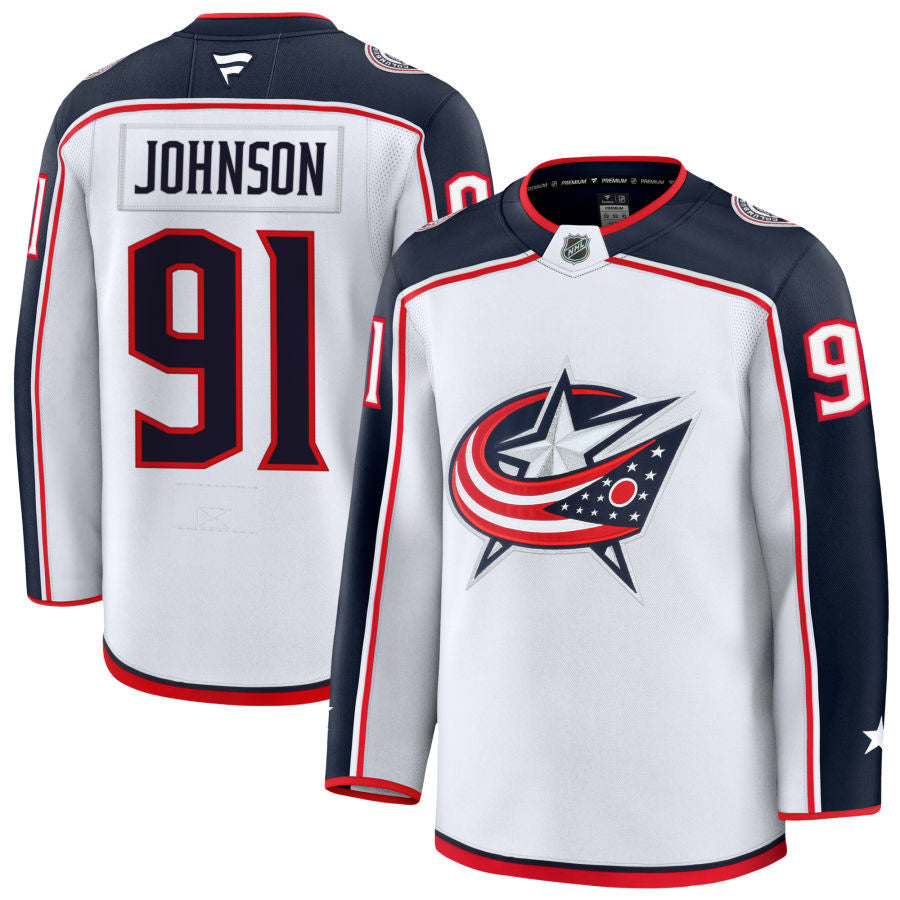 Kent Johnson Columbus Blue Jackets 2025 Away Jersey - White 1 Kent Johnson Columbus Blue Jackets 2025 Away Jersey - White