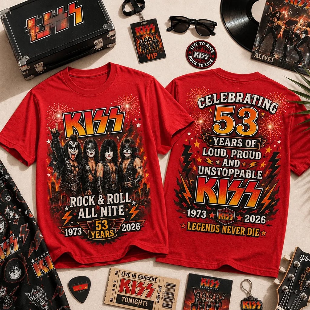 KISS 53rd Anniversary 1973 2026 Red T-Shirt Rock And Roll All Nite Shirt KISS Band Merch Gifts