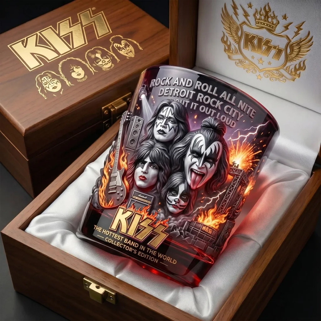 KISS Rock And Roll Band Engraved Wooden Box Whiskey Glass KISS Band Merch Fan Gifts