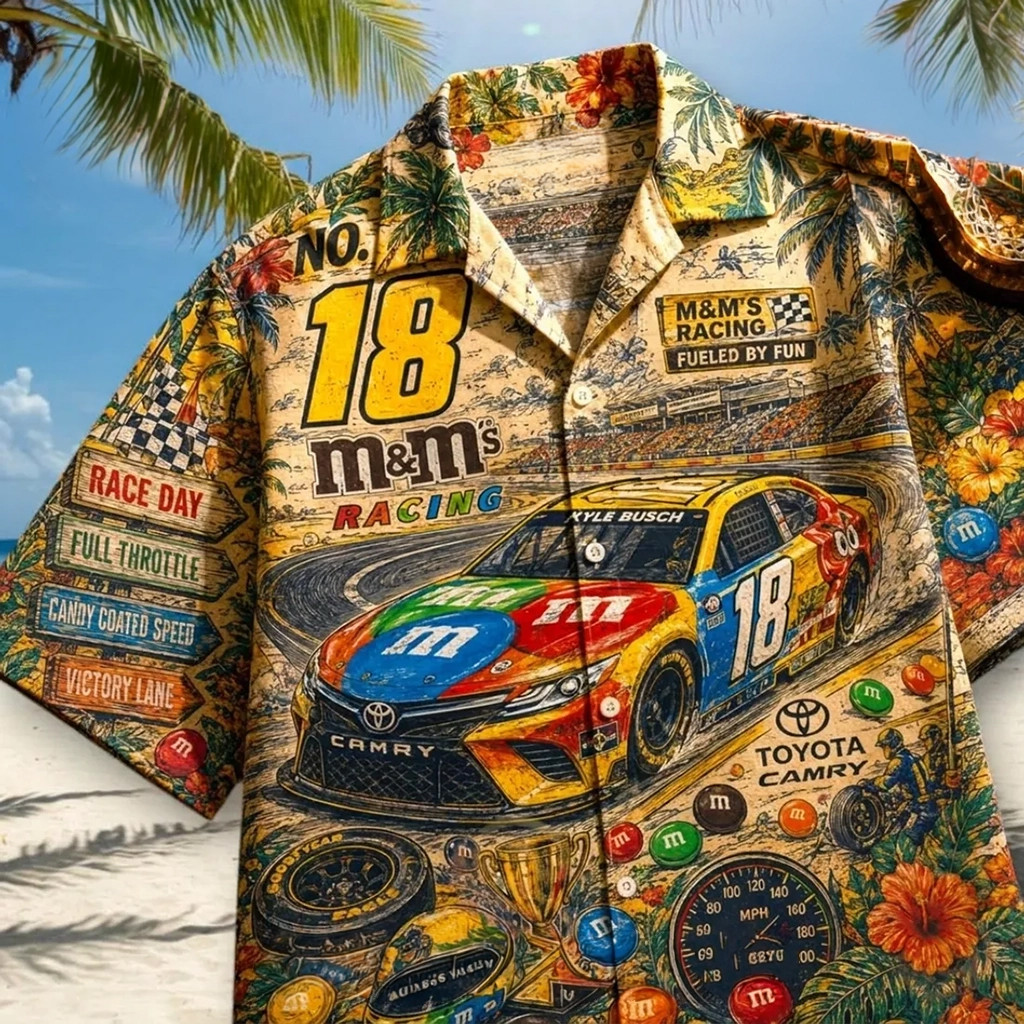 Kyle Busch M&M’s Racing No 18 Hawaiian Shirt Kyle Busch Merch Birthday Ideas For Him