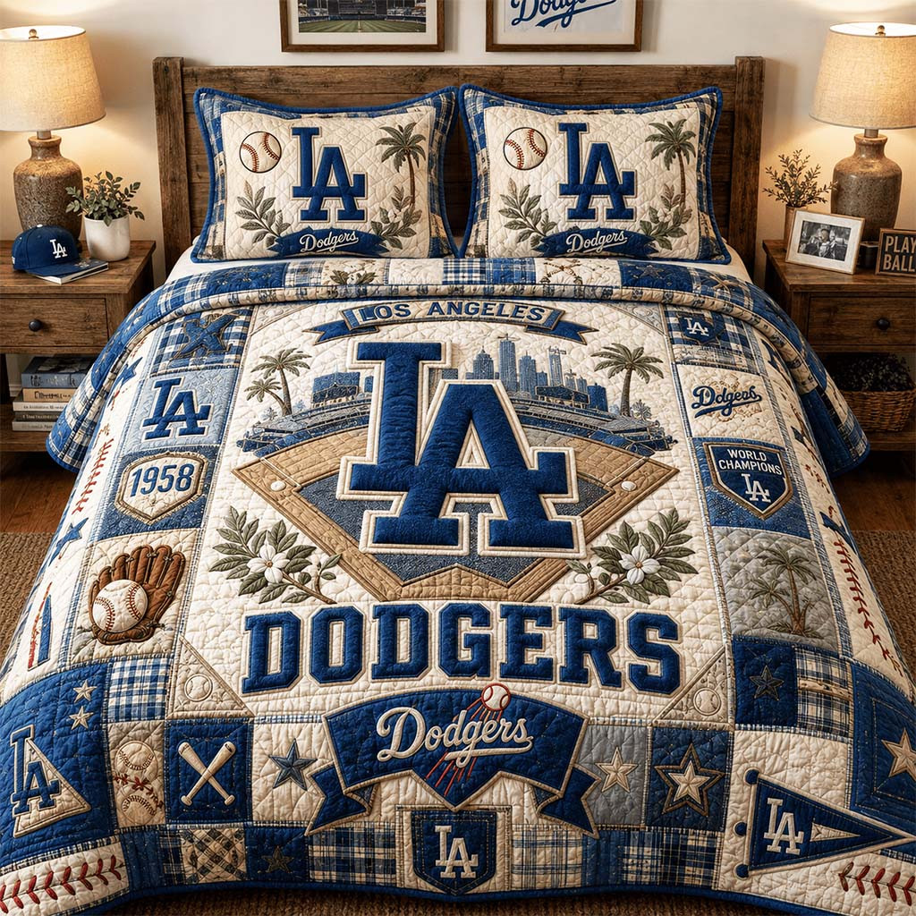 LA Dodgers Baseball Quilt Bedding Set Los Angeles Dodgers Merch Gifts For Baseball Fans