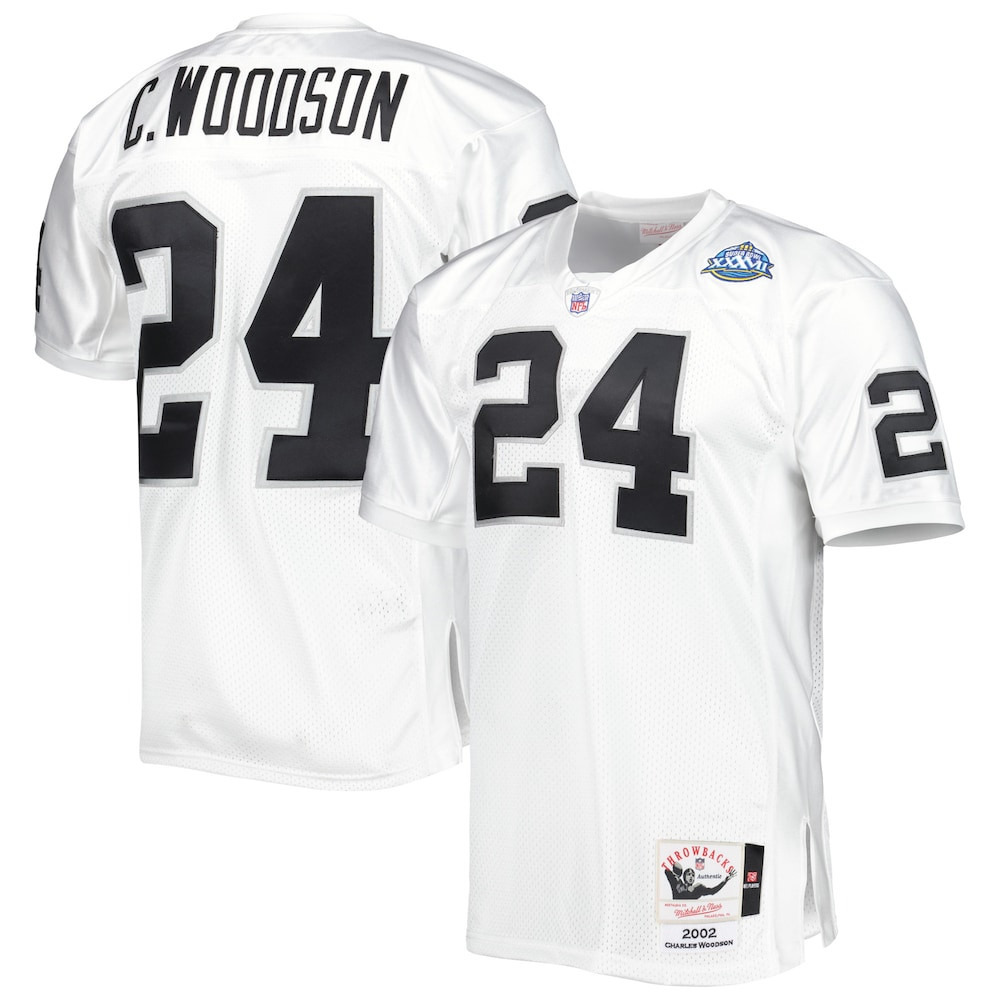 Las Vegas Raiders Merch - Men's 2002 Charles Woodson Authentic Throwback Retired Player Jersey, White - Mitchell & Ness - Gifts For American Football Fans
