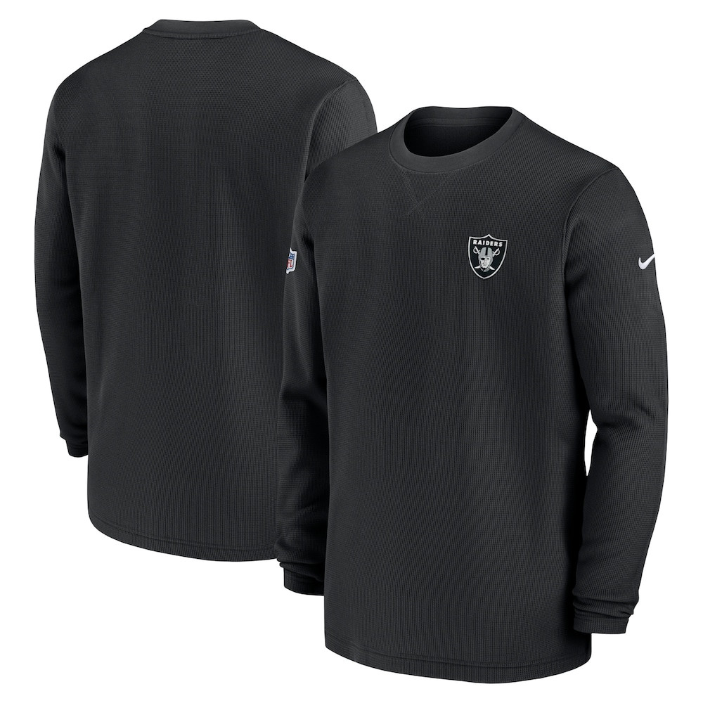 Las Vegas Raiders Merch - Men's 2023 Sideline Throwback Heavy Brushed Waffle Long Sleeve Top, Black - Football Team Gifts Ideas