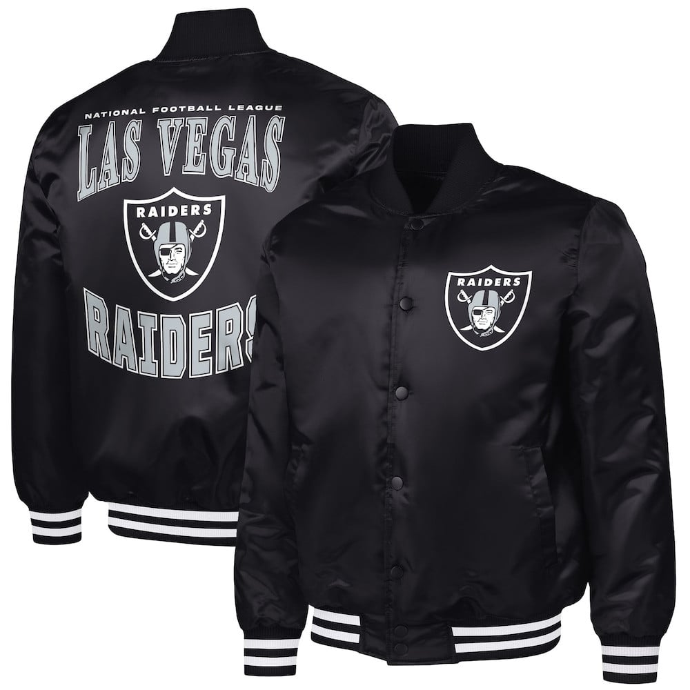 Las Vegas Raiders Merch - Men's Adaptive Team Graphic Satin Full-Snap Varsity Jacket, Black - G-III Sports by Carl Banks - American Football Presents