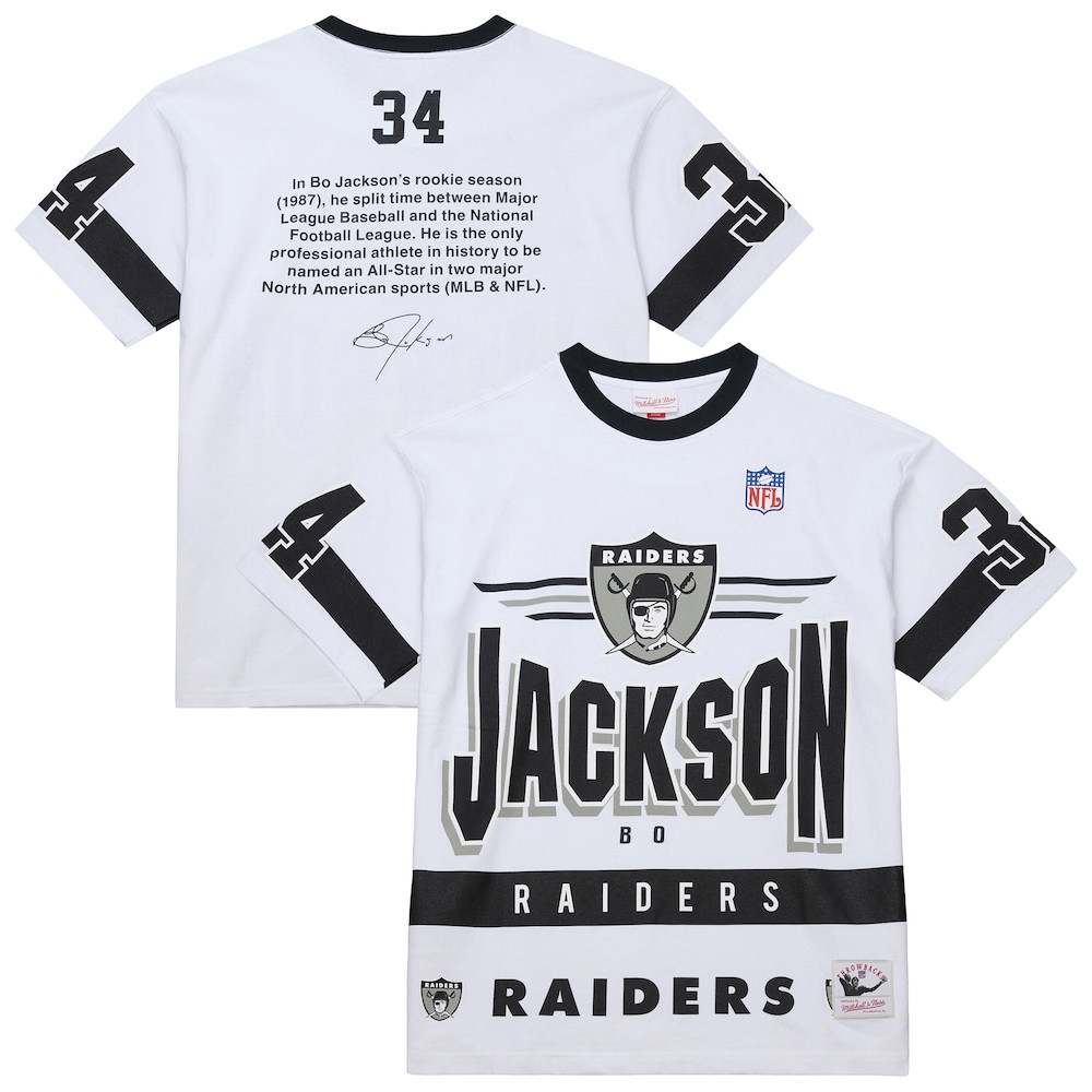 Las Vegas Raiders Merch - Men's Bo Jackson Name & Number Team Origins Vintage Logo T-Shirt, White - Mitchell & Ness - American Football Gifts