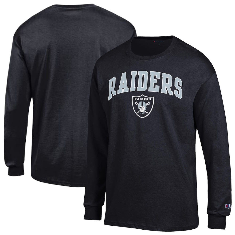 Las Vegas Raiders Merch - Men's Champion Arch Over Logo Long Sleeve T-Shirt, Black - Birthday Ideas For Football Fan