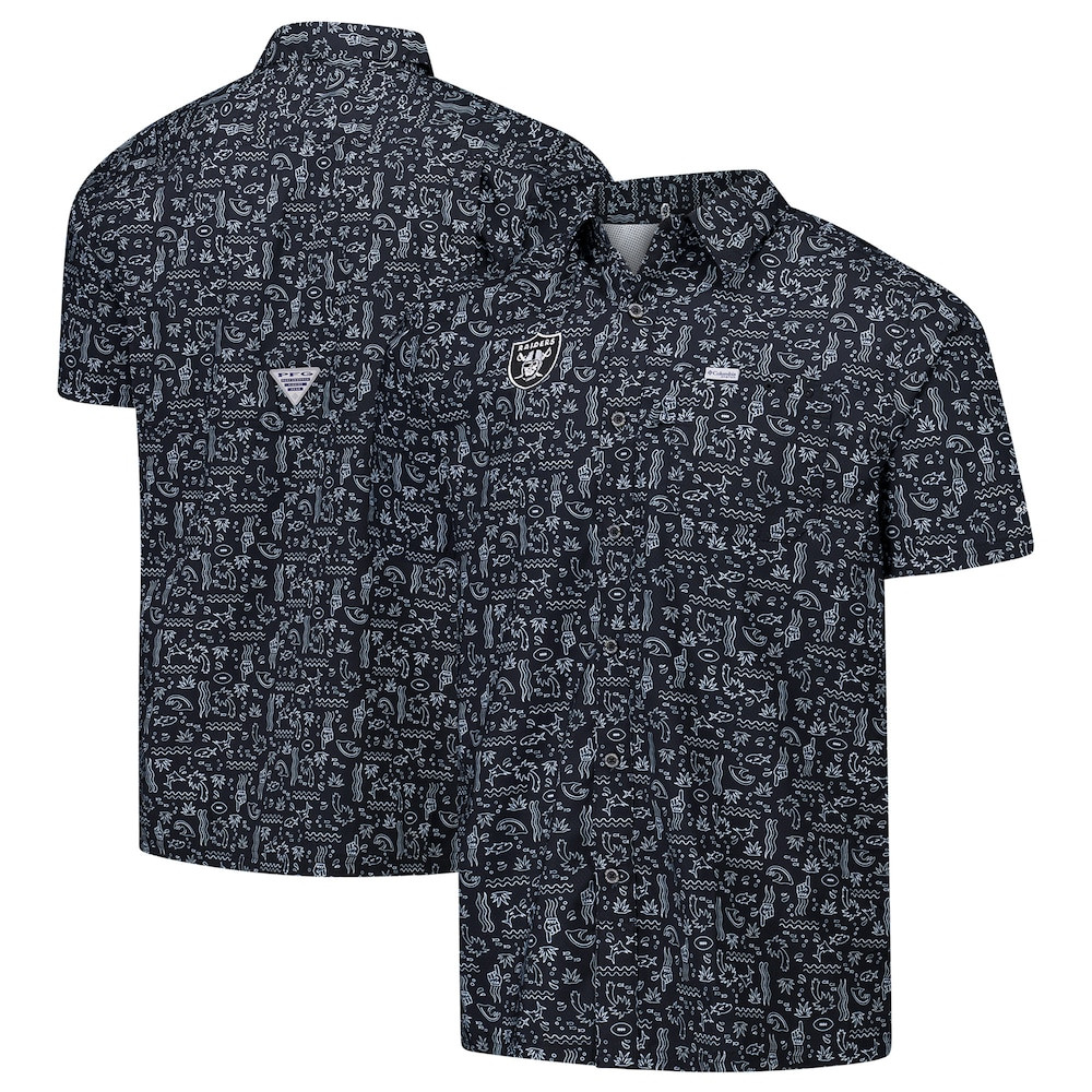 Las Vegas Raiders Merch - Men's Columbia PFG Super Slack Tide Omni-Wick Button-Up Shirt, Black - American Football Christmas Gifts