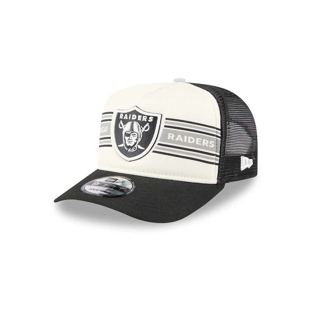 Las Vegas Raiders Merch - Men's Cream Banner A-Frame 9FIFTY Trucker Snapback Hat, Black - New Era - Birthday Present For Football Fan