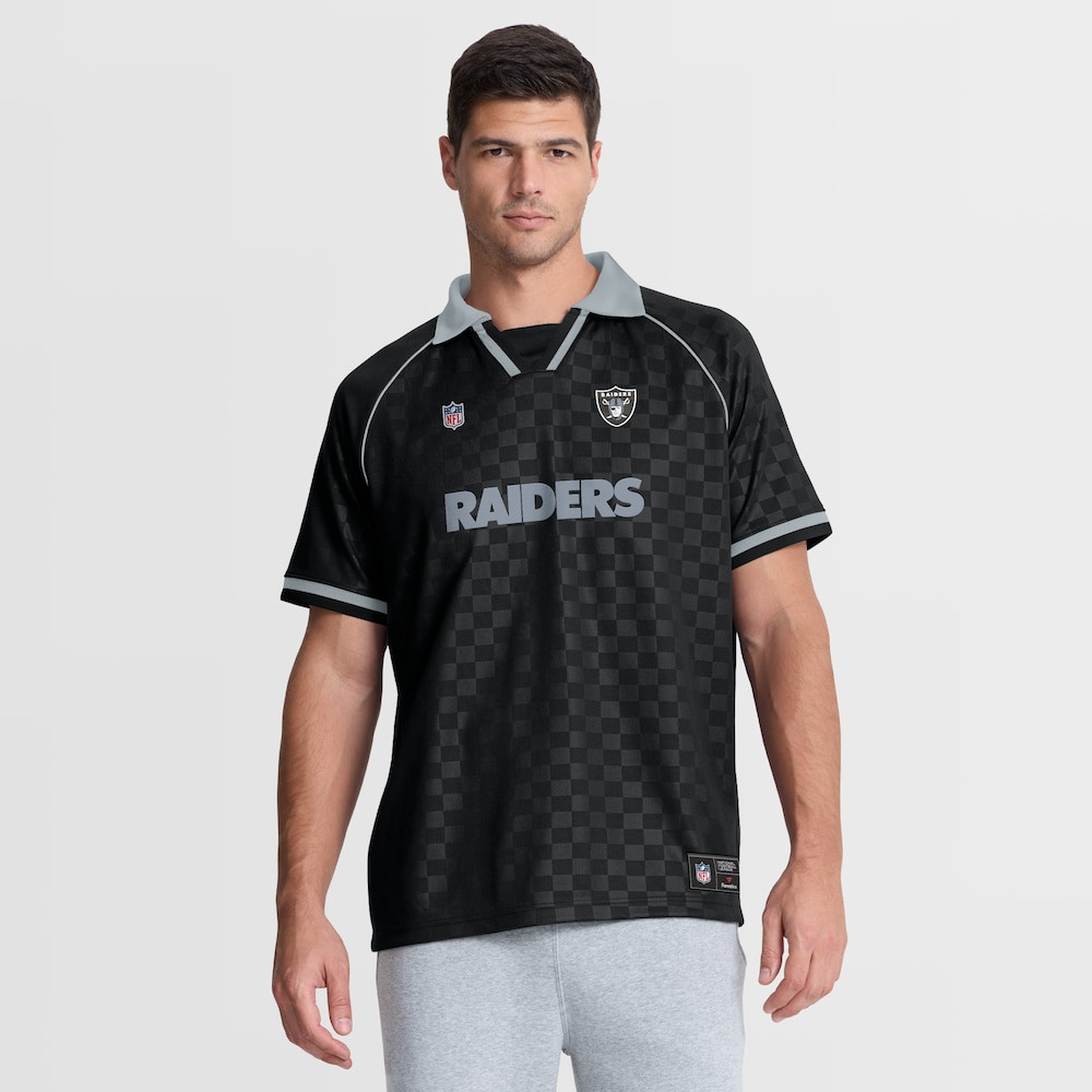 Las Vegas Raiders Merch - Men's Fanatics Gray Homerun Raglan V-Neck Polo, Black - Football Enthusiast Gifts