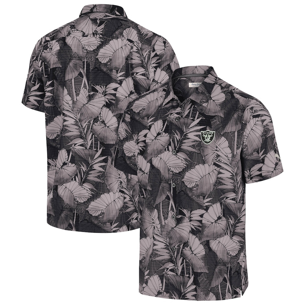 Las Vegas Raiders Merch - Men's Tommy Bahama Coast Nuevo Fronds IslandZone Button-Up Shirt, Big & Tall, Black - Best Football Gift Ideas