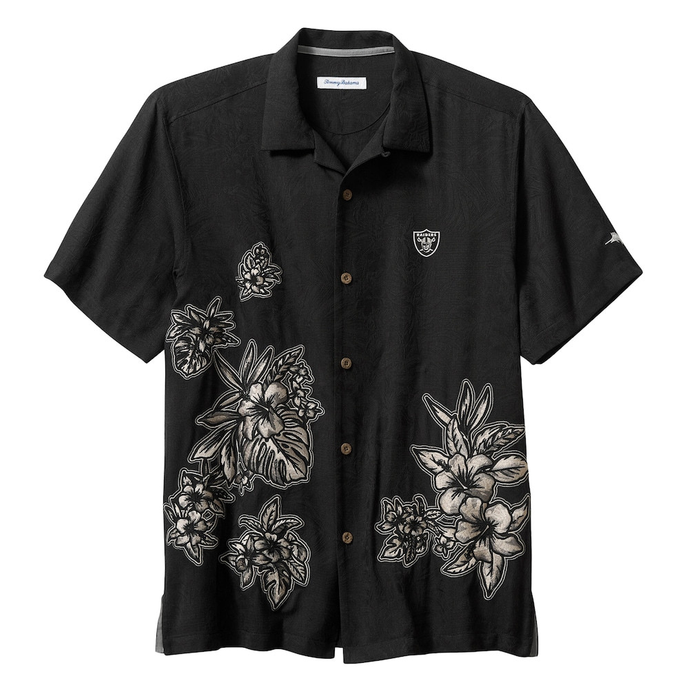 Las Vegas Raiders Merch - Men's Tommy Bahama Hibiscus Camp Button-Up Shirt, Black - Best Football Christmas Gifts