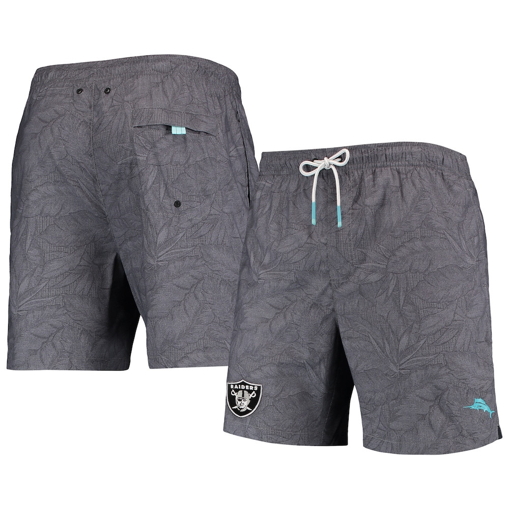 Las Vegas Raiders Merch - Men's Tommy Bahama Naples Layered Leaves Swim Trunks, Black - Cool Football Gifts