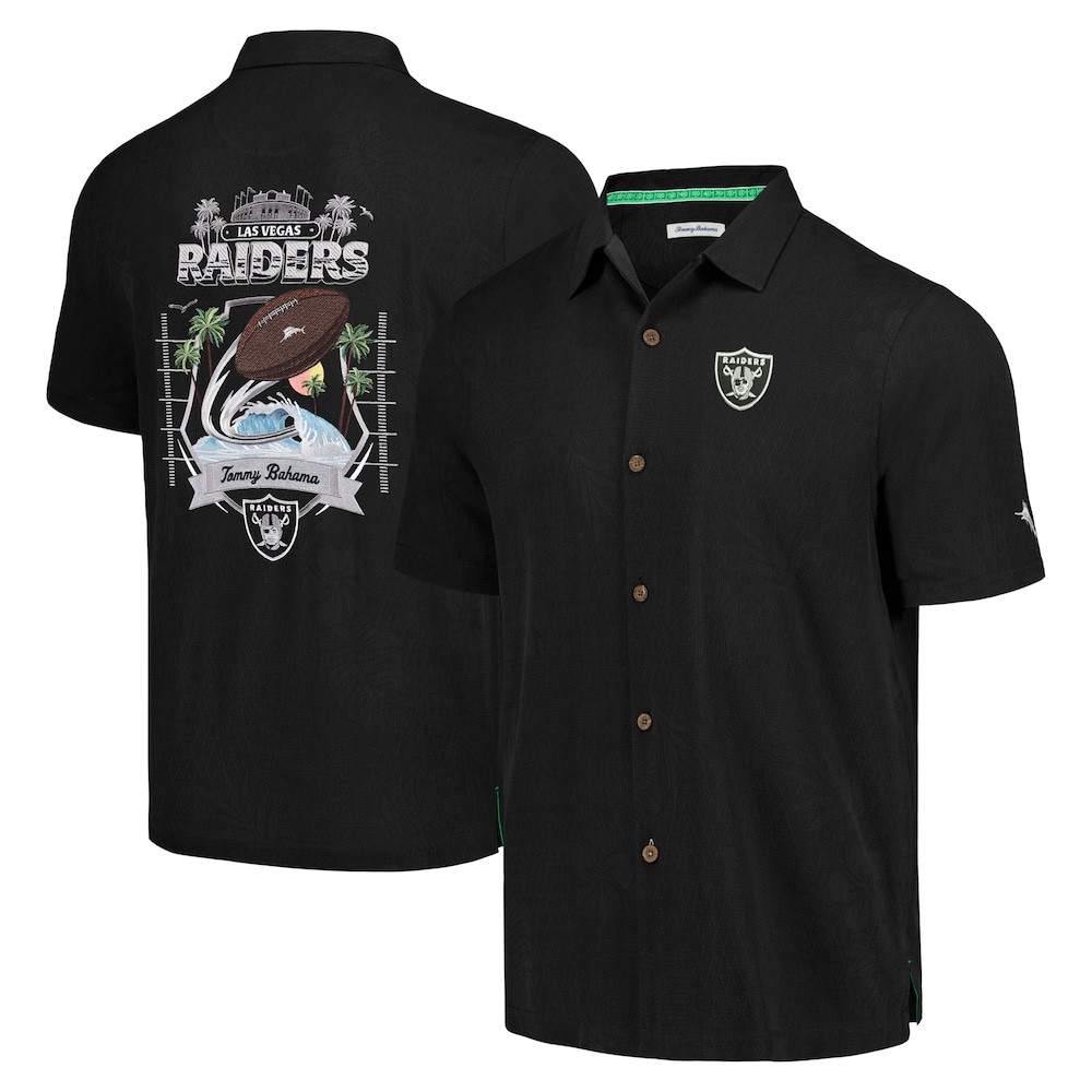 Las Vegas Raiders Merch - Men's Tommy Bahama Tidal Kickoff Camp Button-Up Shirt, Black - American Football Presents