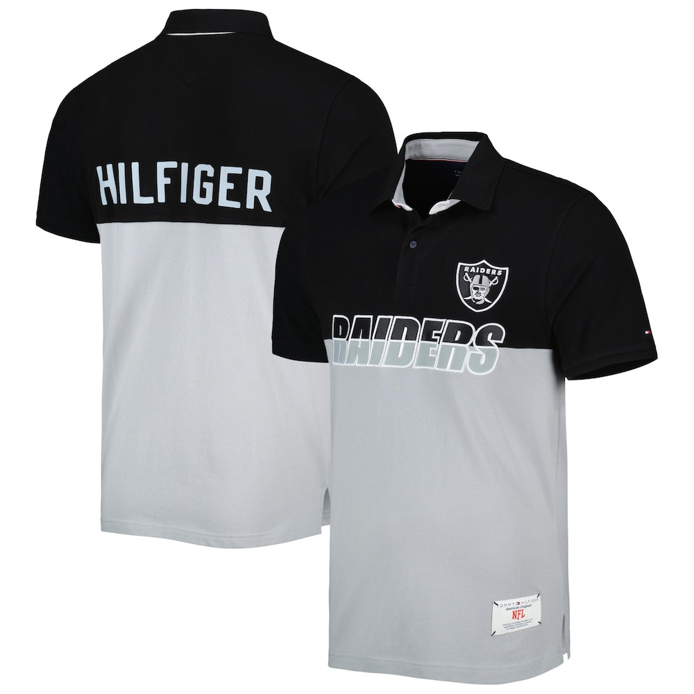 Las Vegas Raiders Merch - Men's Tommy Hilfiger Color Block Polo, Black Silver - American Football Presents