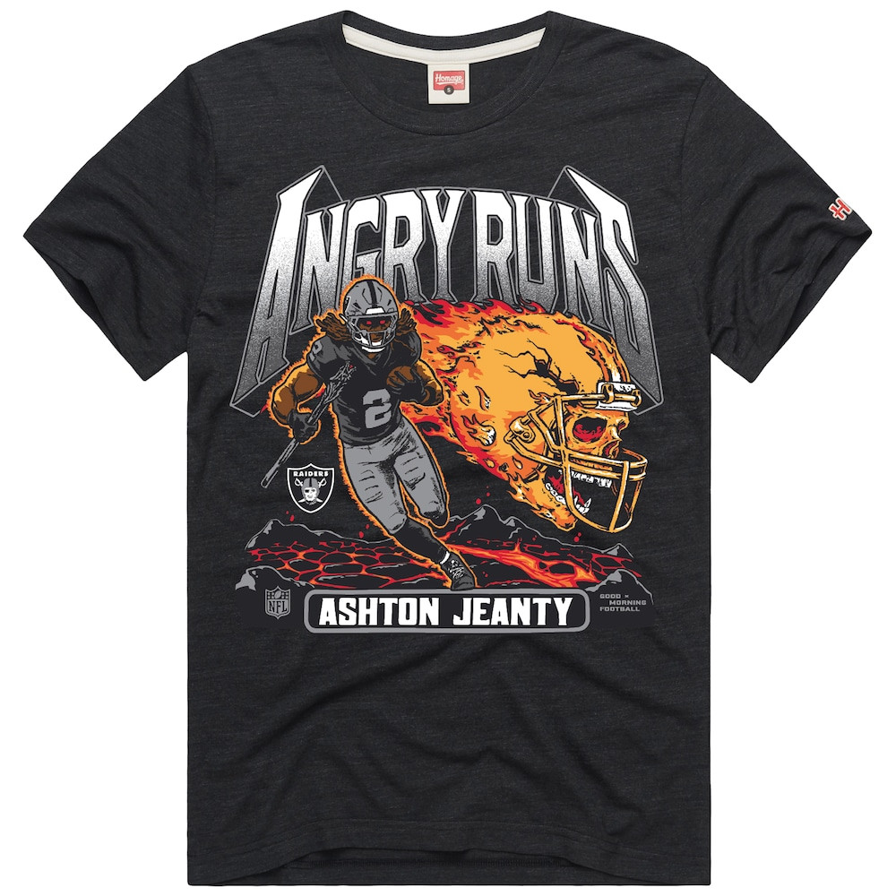 Las Vegas Raiders Merch - Unisex Ashton Jeanty Homage Angry Runs Player Graphic T-Shirt, Charcoal - Football Fan Birthday Gift