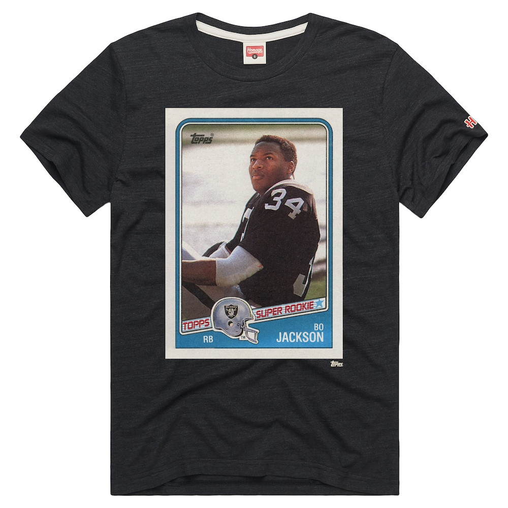 Las Vegas Raiders Merch - Unisex Bo Jackson Homage NFL Topps Trading Card T-Shirt, Charcoal - Birthday Present For Football Fan
