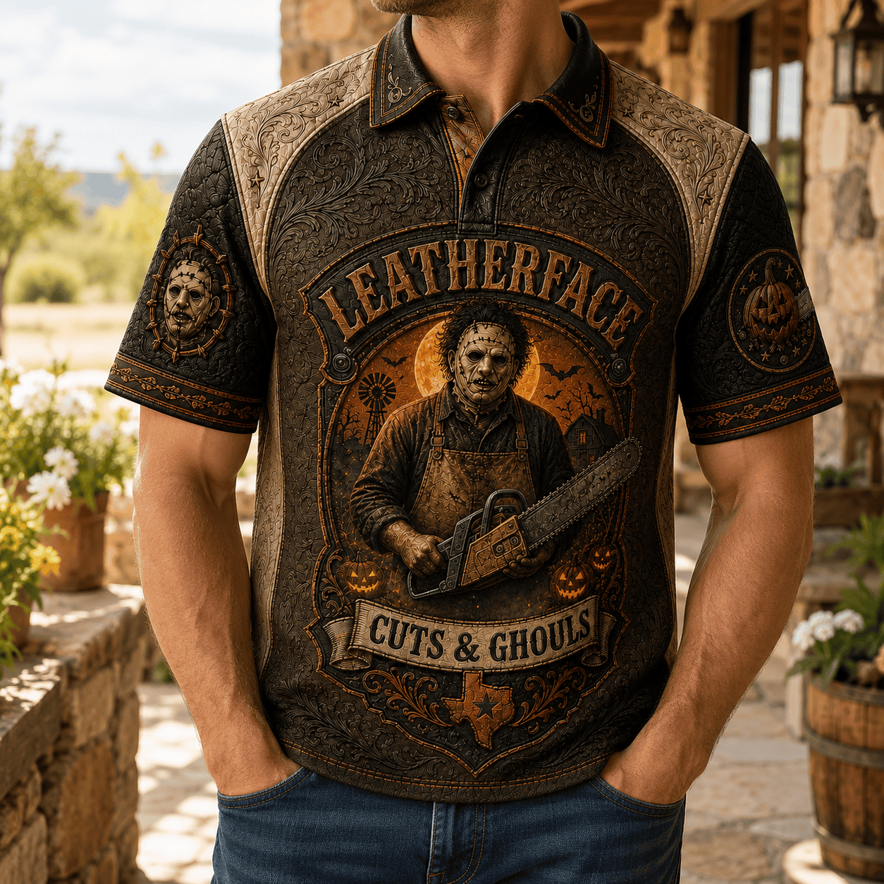 Leatherface Halloween Merch 2026 Cuts And Ghous Polo Shirt Best Gifts For Horror Lovers
