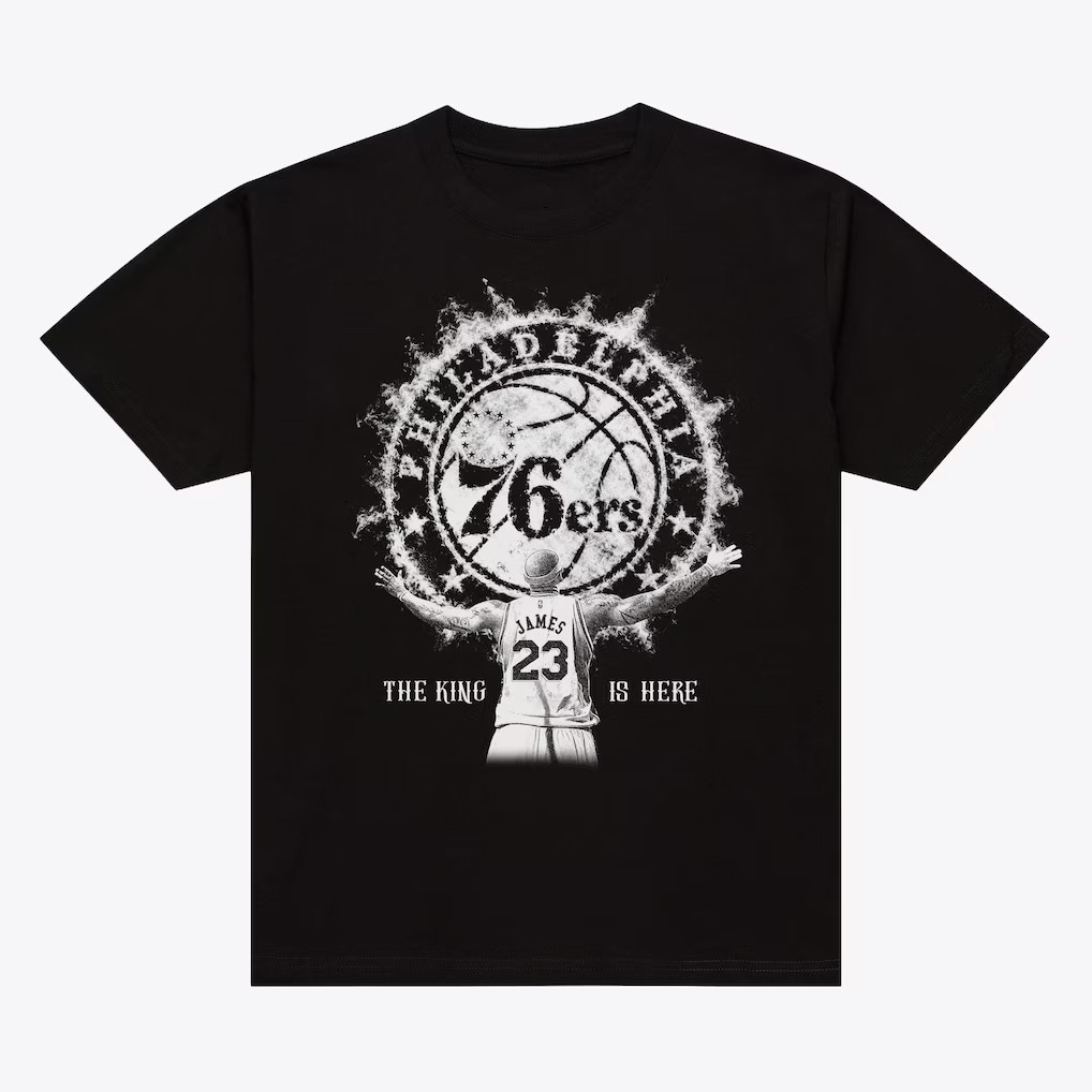 Lebron James Merch 2026 LeBron James #23 Philadelphia 76ers T-Shirt The King Is Here Shirt Black