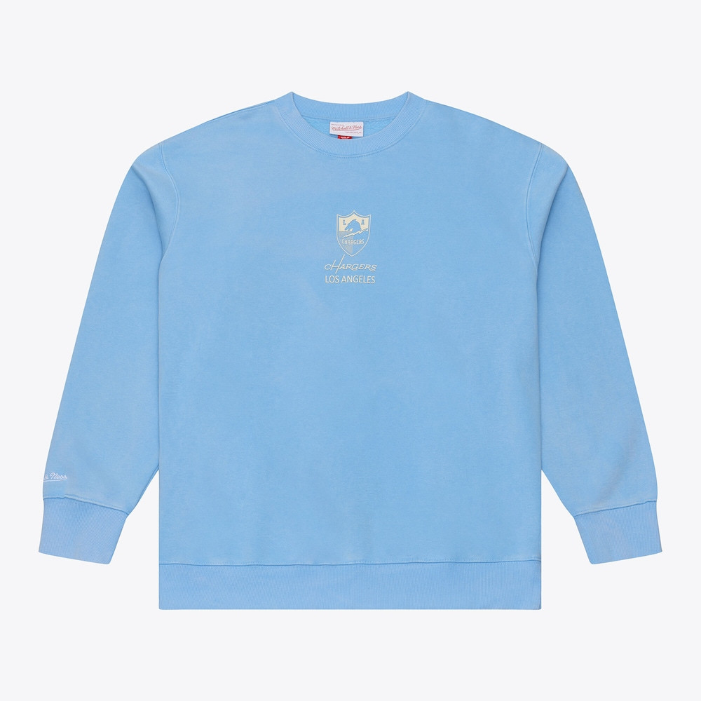 Los Angeles Chargers Merch - Men's Powder Core Essentials Micro Logo Fleece Sweatshirt, Blue - Mitchell & Ness - Cool Football Gift Ideas