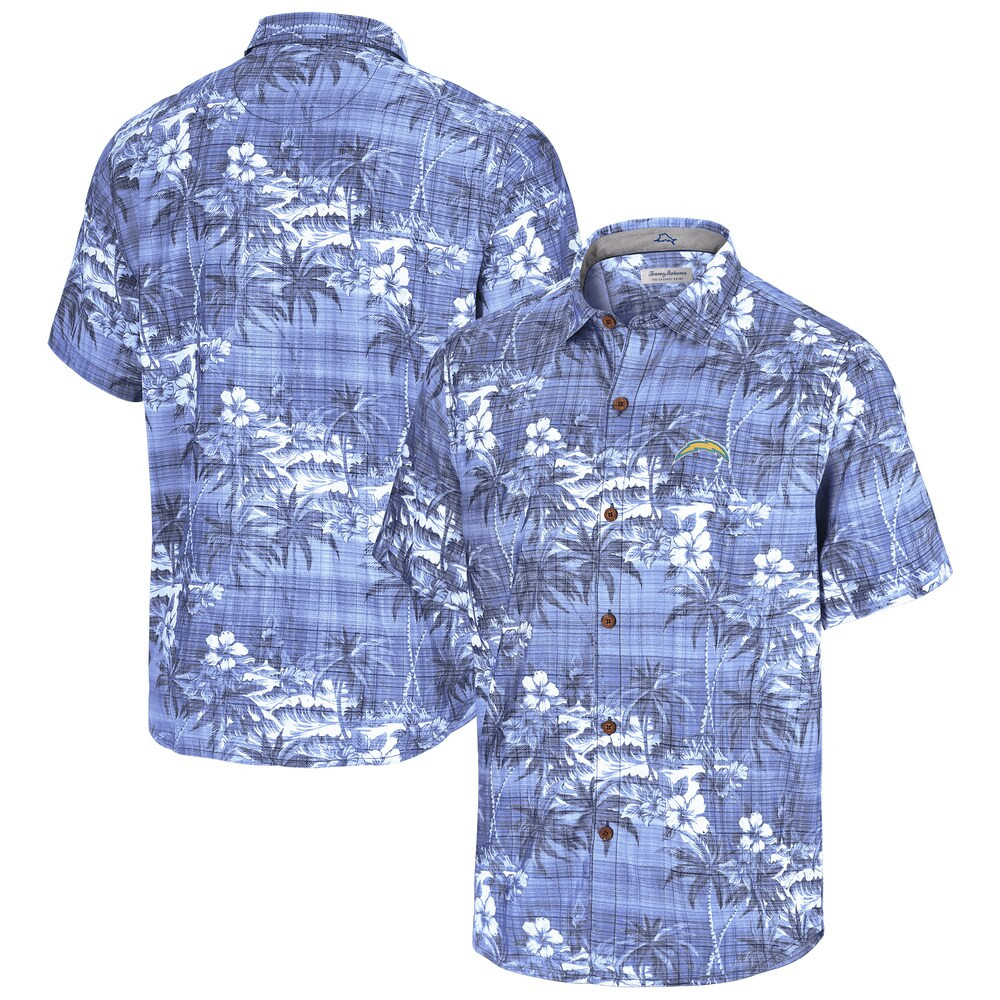 Los Angeles Chargers Merch - Men's Tommy Bahama Powder Coconut Point Isla Palmetta Camp Button-Up Shirt, Blue - American Football Gifts
