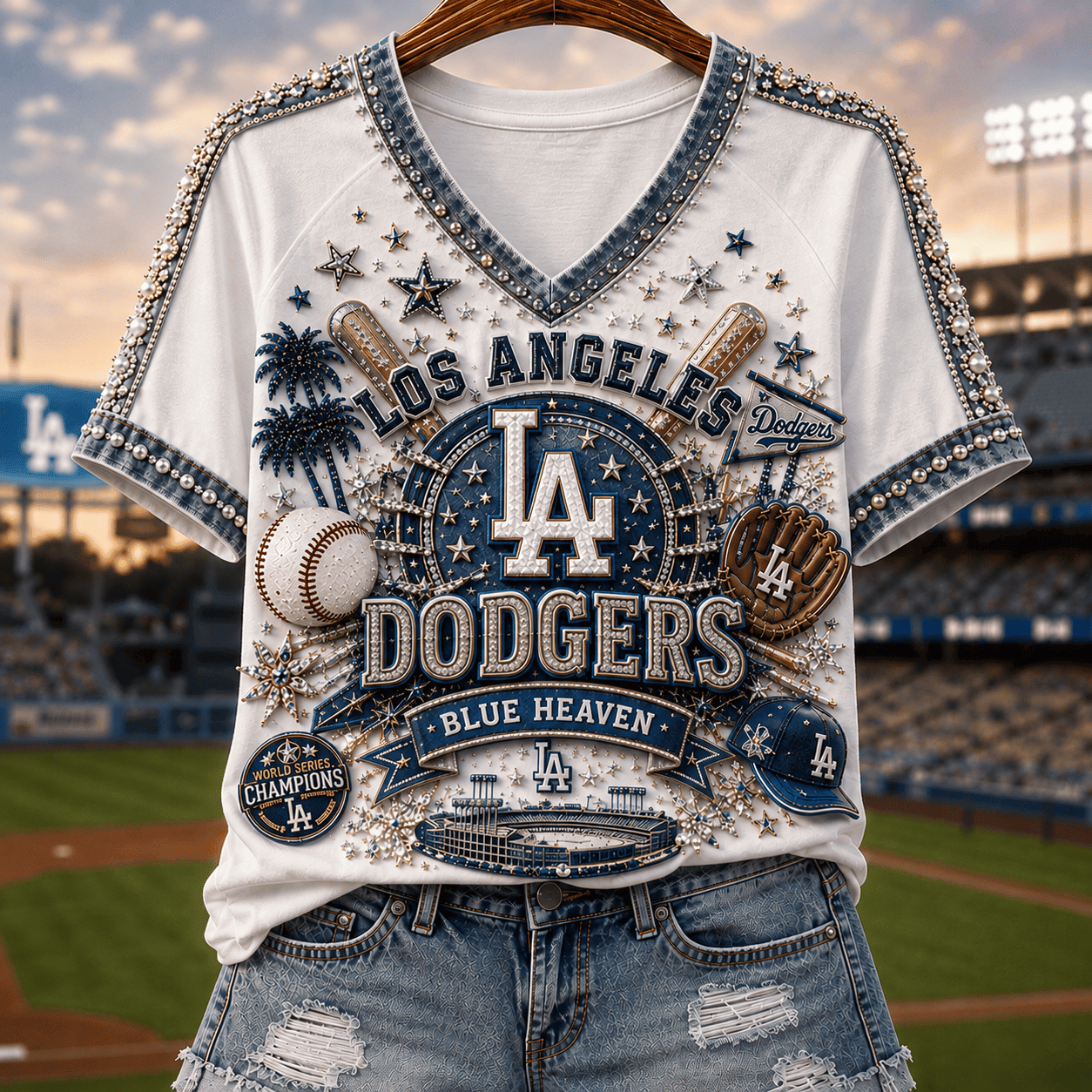 Los Angeles Dodgers Merch 2026 Blue Heaven V-Neck Shirt Baseball Fan Apparel Gift For Her