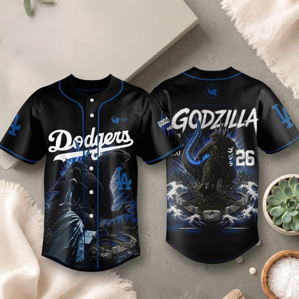 Los Angeles Dodgers X Godzilla Minus One Black Baseball Jersey 2026 LA Dodgers Merch Fan Gifts