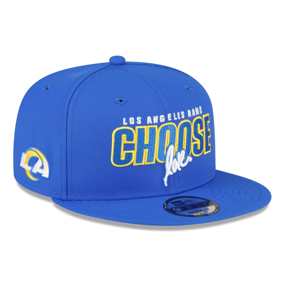 Los Angeles Rams Merch - Men's Royal Ruben Rojas Choose Love Wordmark 9FIFTY Snapback Hat - New Era - Football Lover Presents