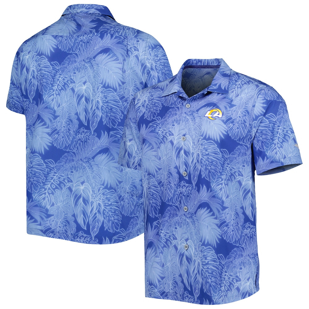 Los Angeles Rams Merch - Men's Tommy Bahama Royal Coast Luminescent Fronds Camp IslandZone Button-Up Shirt - Good Football Gifts