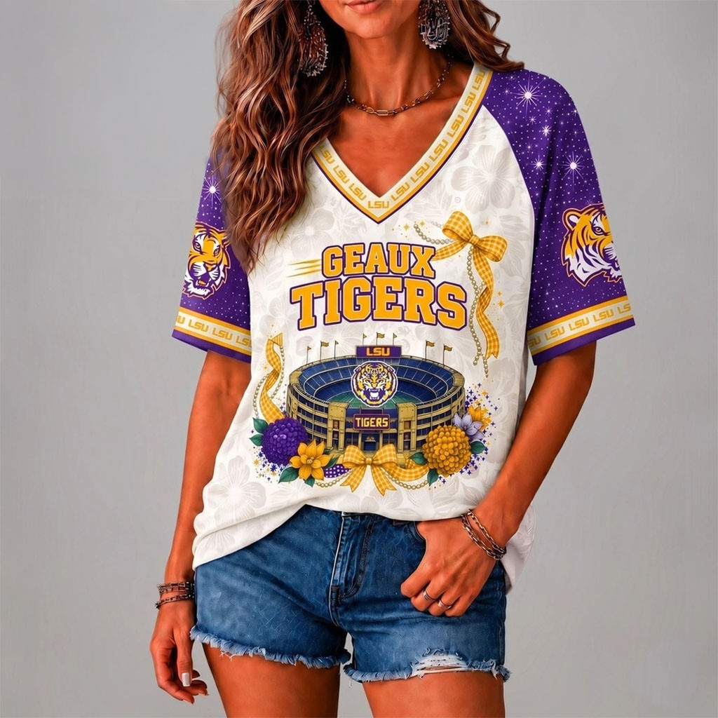 LSU Tigers Floral Stadium Bow V-Neck Shirt Geaux Tigers Shirt LSU Tigers Merch Gift For Her