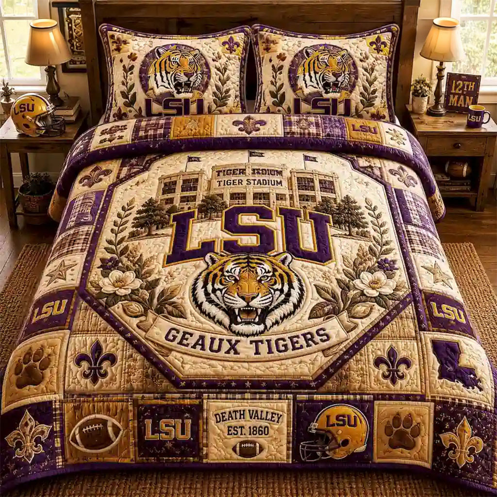 LSU Tigers Geaux Tigers Quilt Bedding Set LSU Tigers Merch Present For Football Lovers
